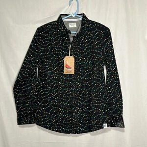 NWT boys black & colorful Christmas light print button up shirt size 14/16